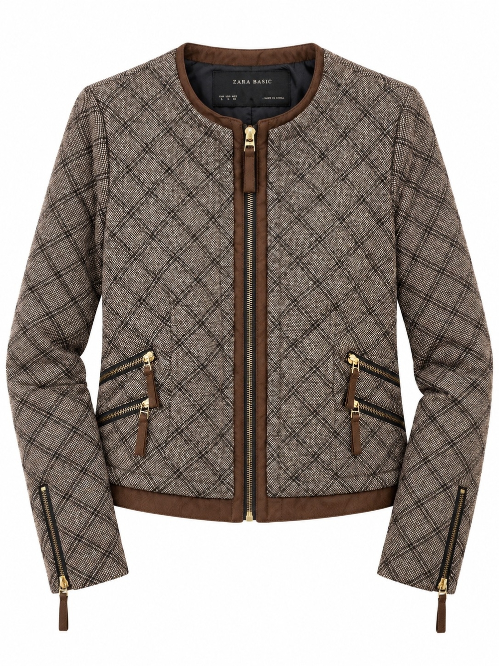 Zara Basic Women's L Brown Plaid Wool Blend Tweed Moto Blazer Jacket Gold Zip